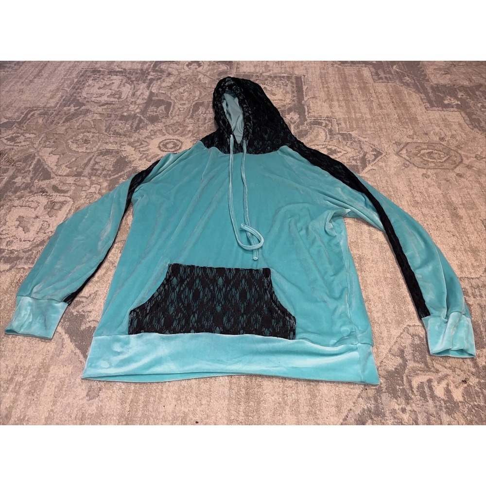 Crazy Train Velour Sea‎ Green/Black Lace Detail Hoodie Sz. XL  Womens